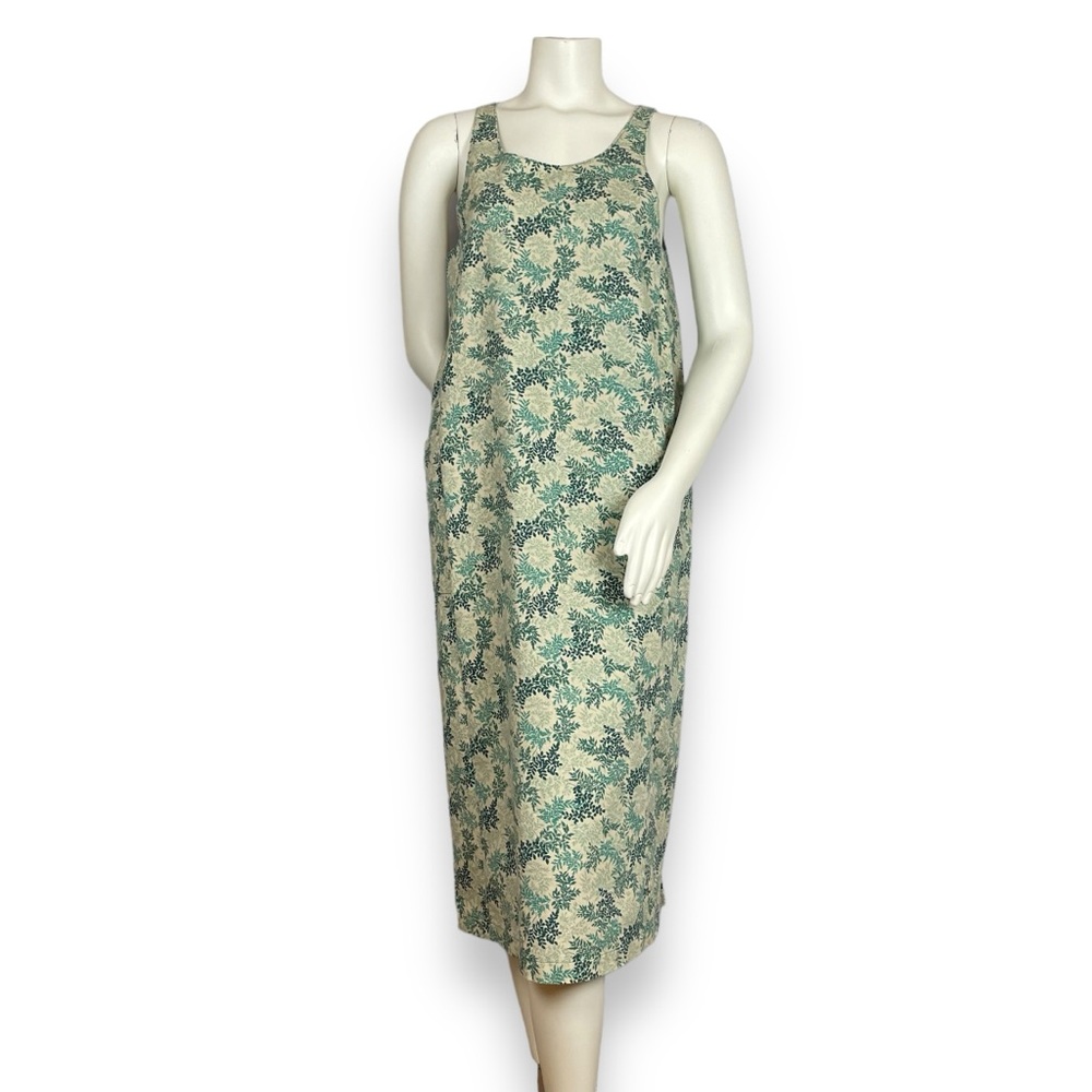 Handmade Shift Dress Leafy Pattern Print Sleeveless‎ Green Nature Midi Pockets